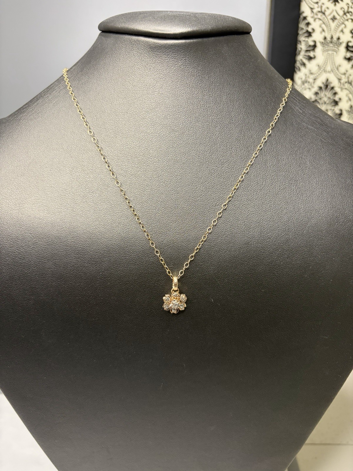Antique 14KT Gold Diamond Rose Cut Flower Pendant On Gold filled Chain