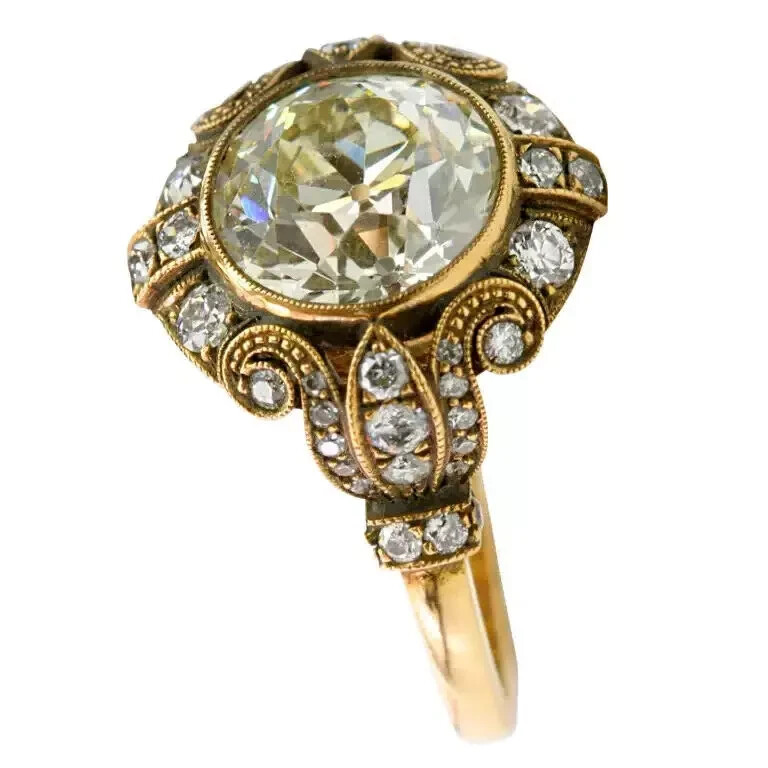 Vintage Art Deco Style Old European Lab Created Diamond Wedding 14K Gold FN Ring