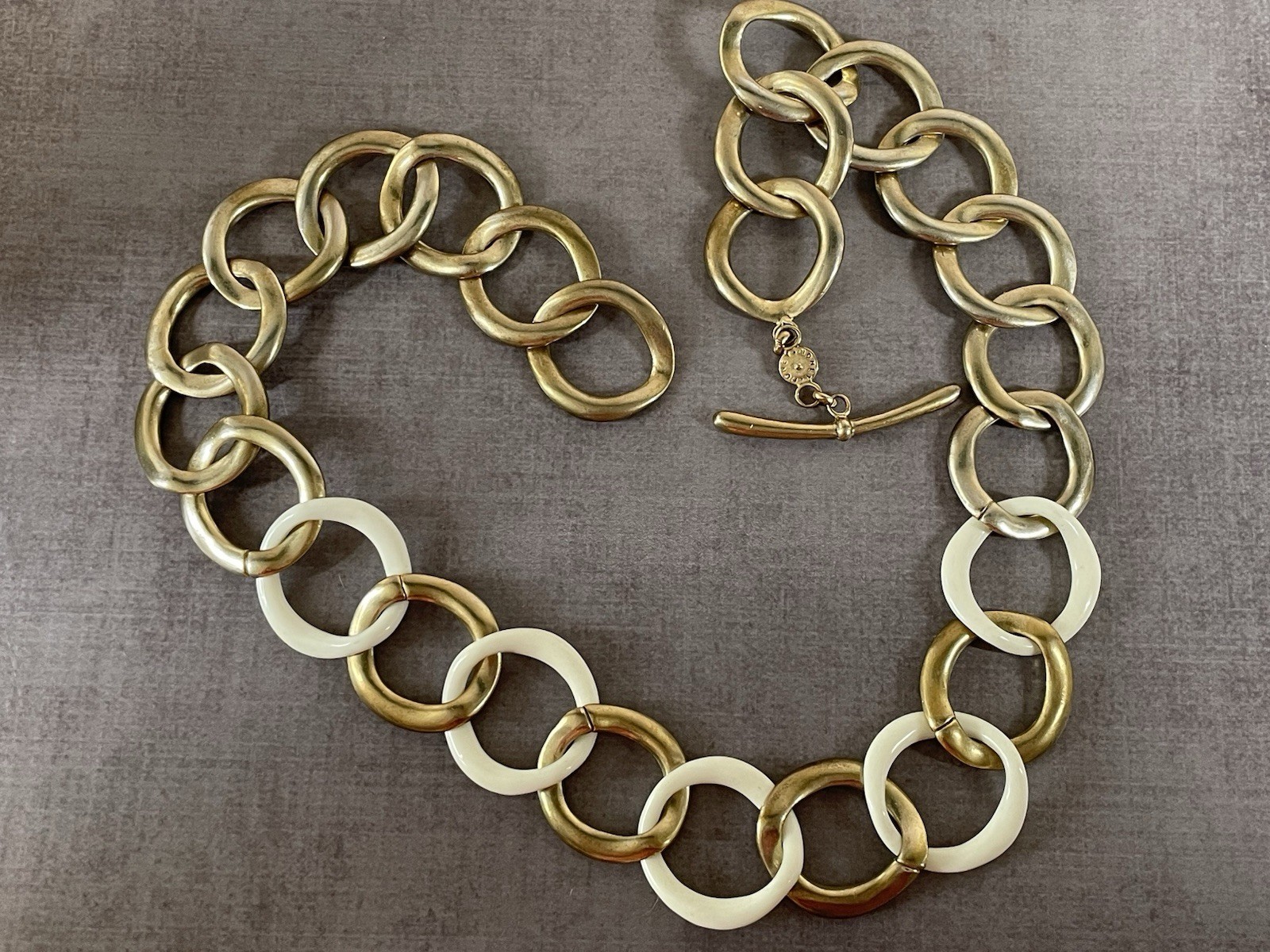 Vintage Monet Gold White Link Necklace Chunky Statement Chain Retro Modern