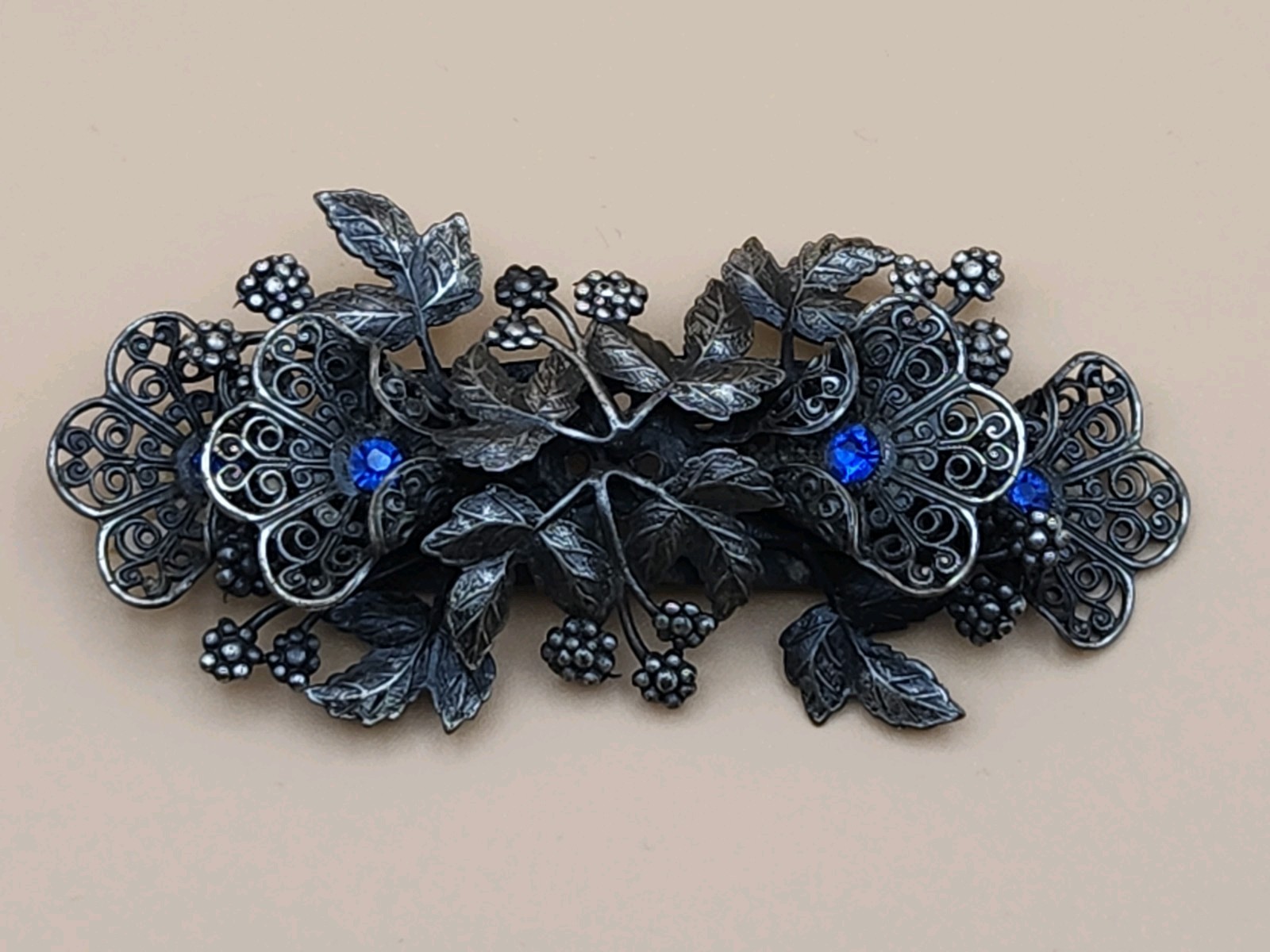 Vintage Brooch Pin Antique Metal Floral Filigree Blue Rhinestones (Czech 1940s?)