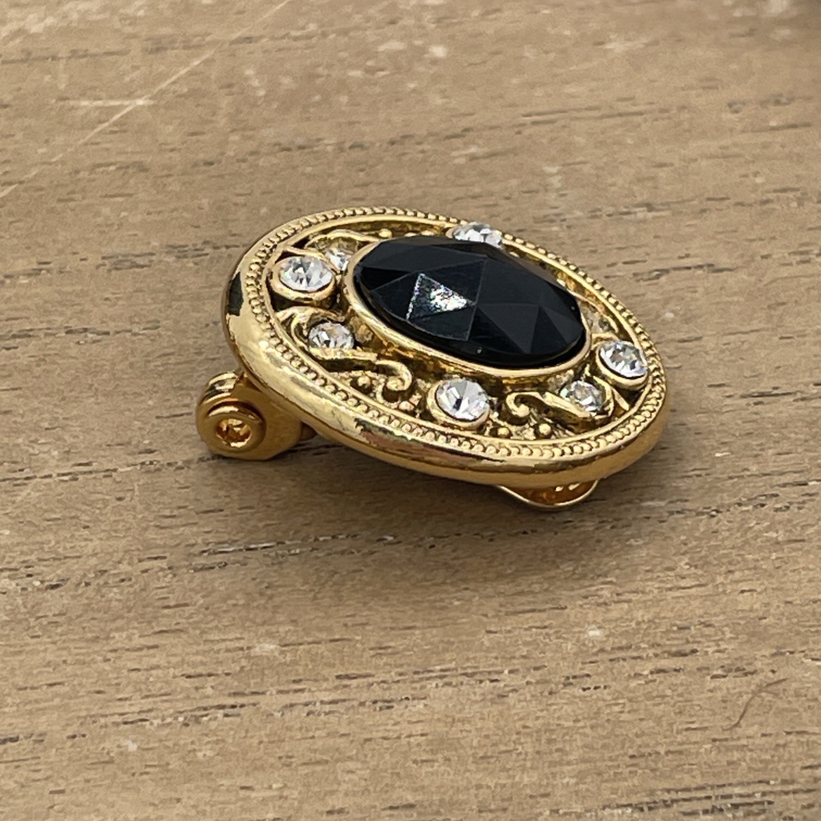 Vintage 1928 Company Gold-Tone Clip On Earrings With Black Gemstone & Rhinestone