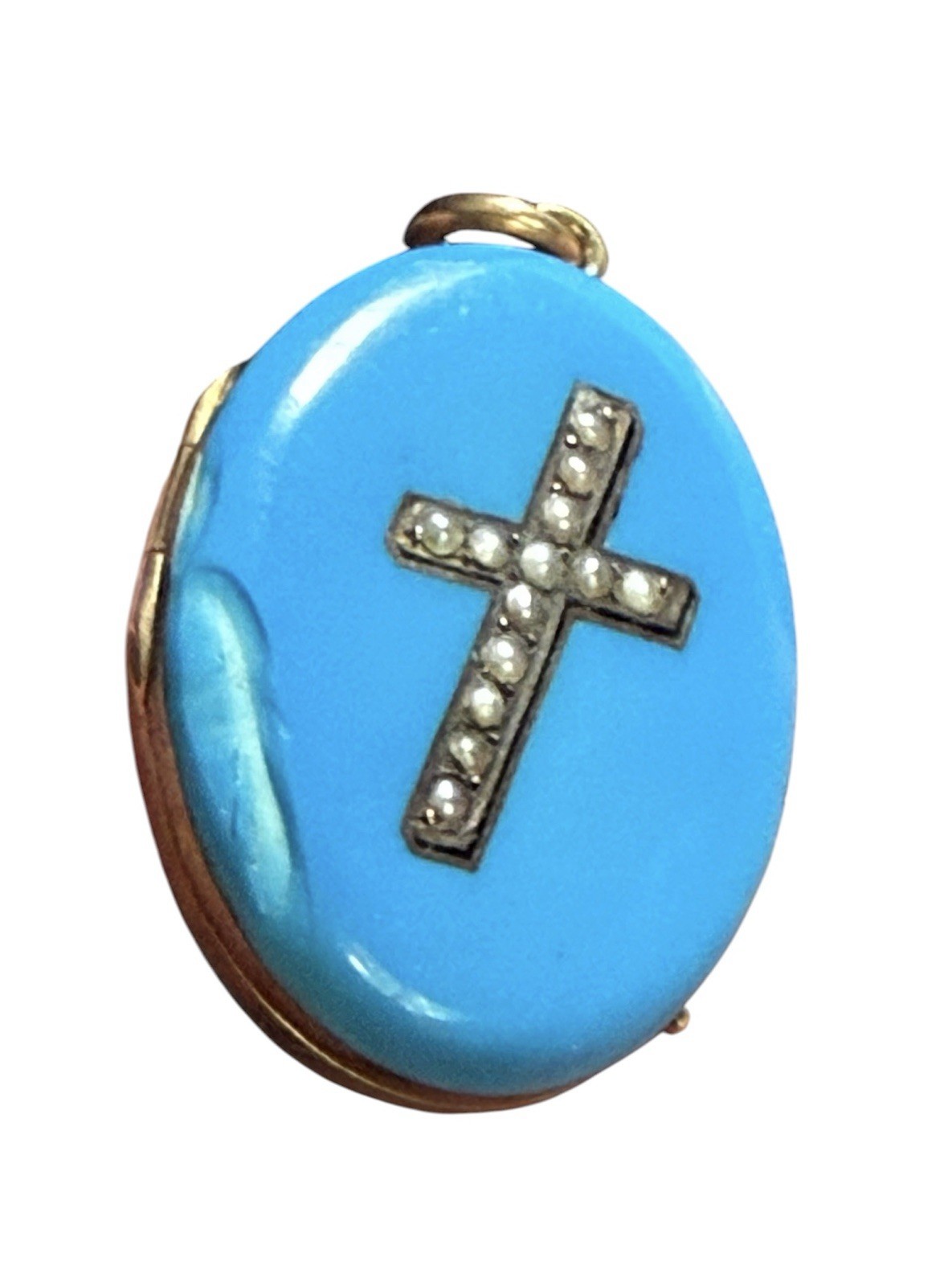 Antique Victorian Etruscan 14k Solid Yellow Gold Blue Enamel Locket Pendant