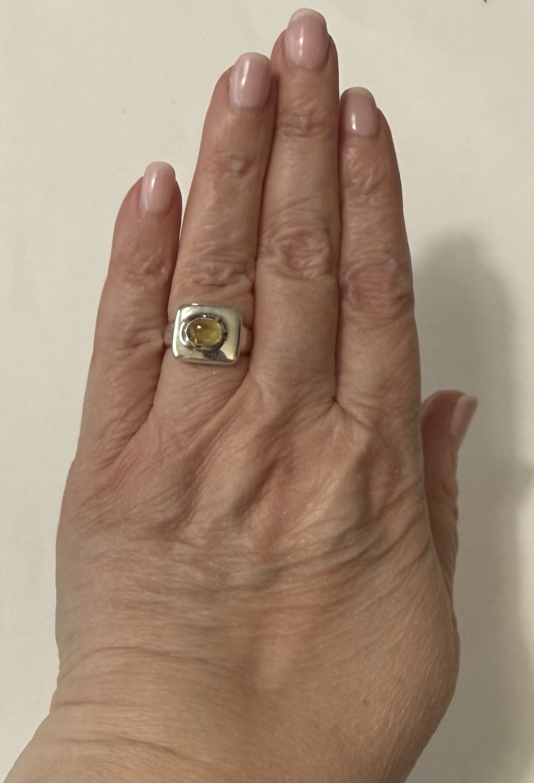 Vintage Modernist Sterling Silver Lemon Amber Cabochon Square Face Ring Size 5.5