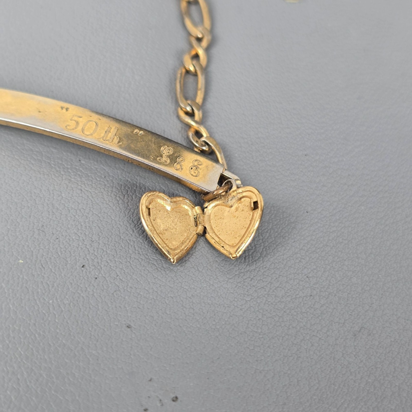 Speidel Gold-Tone Engraved 50th Anniversary Tag Bracelet W/ Heart Locket Charm