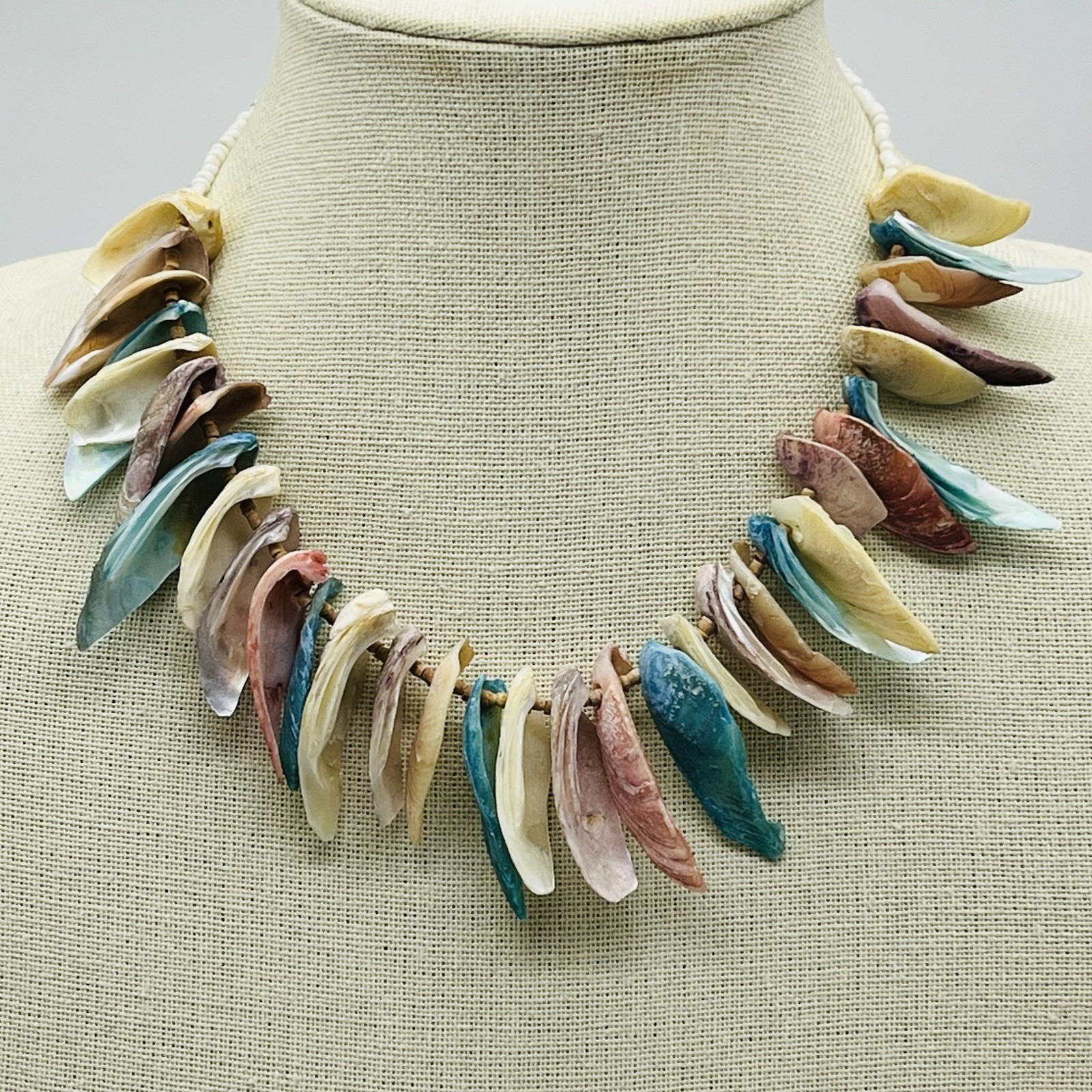 Dyed Shell Fringe Bib Necklace Multicolor Teal Mauve Ivory Beach Boho 14″