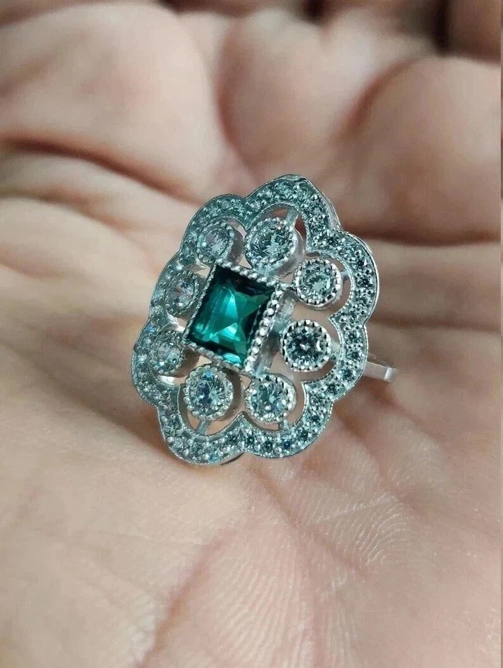 1.5CtArt Deco Style Lab Created Diamond & Emerald Wedding 14K White Gold FN Ring