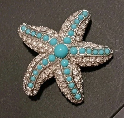 VINTAGE FAUX ART DECO SILVER TURQUOISE & CHRYSTAL PENDANT OR BROOCH BEACH VIBES