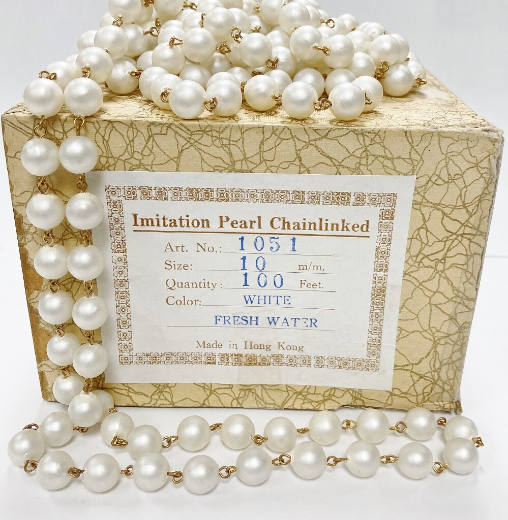 10 FEET VINTAGE HONG KONG SATIN 10mm. PEARL BRASS ROSARY CONTINUOUS CHAIN 1016