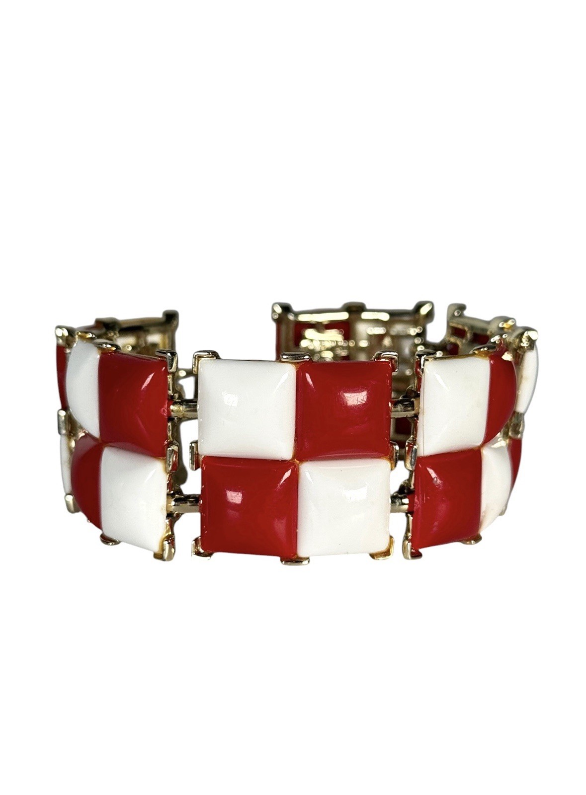 Vintage KRAMER NY Red & White Square Cabochon Checkers Link Bracelet Gold Tone