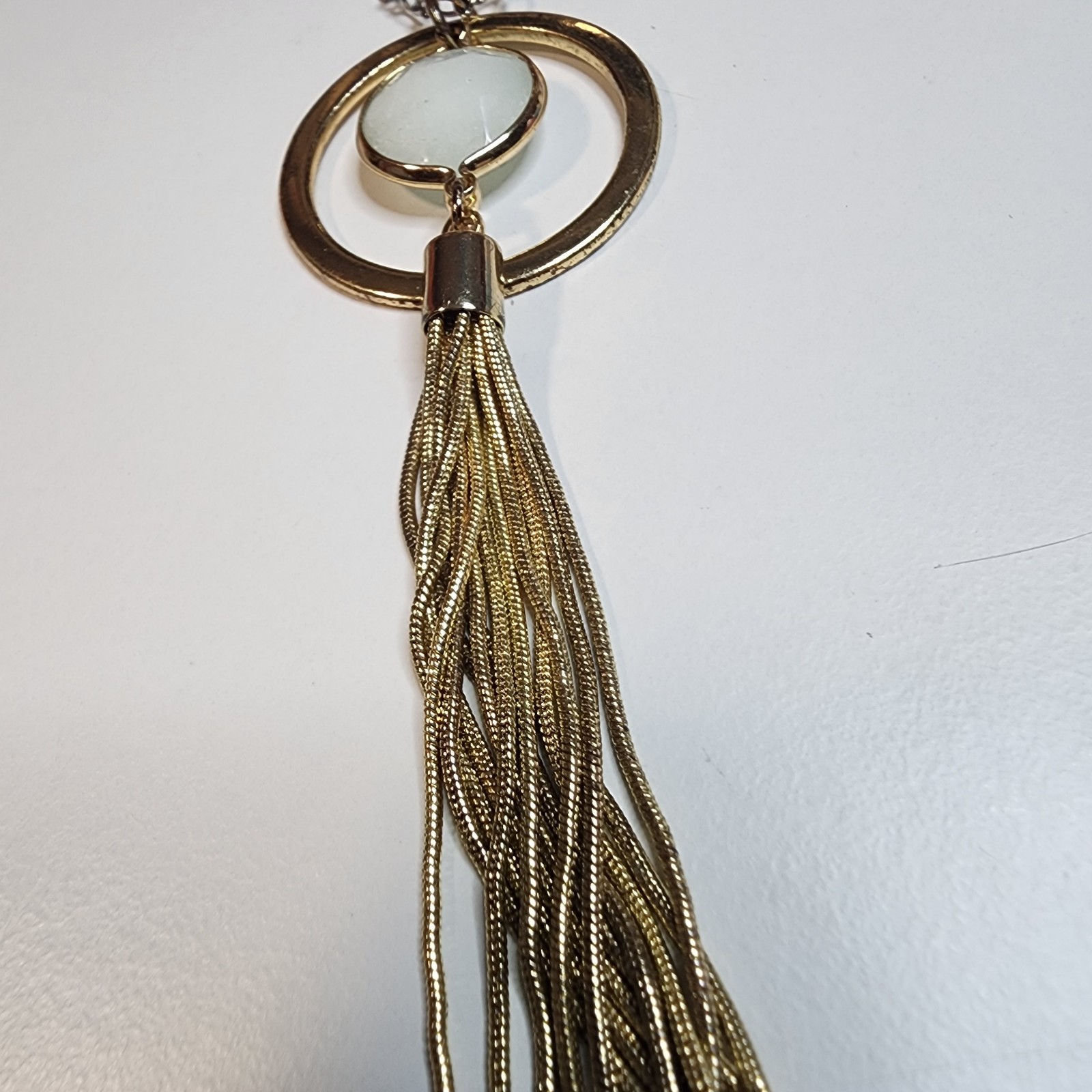 Lane Bryant Chain Tassel Necklace Vintage Gold Tone Signed Long 32″ White Stone