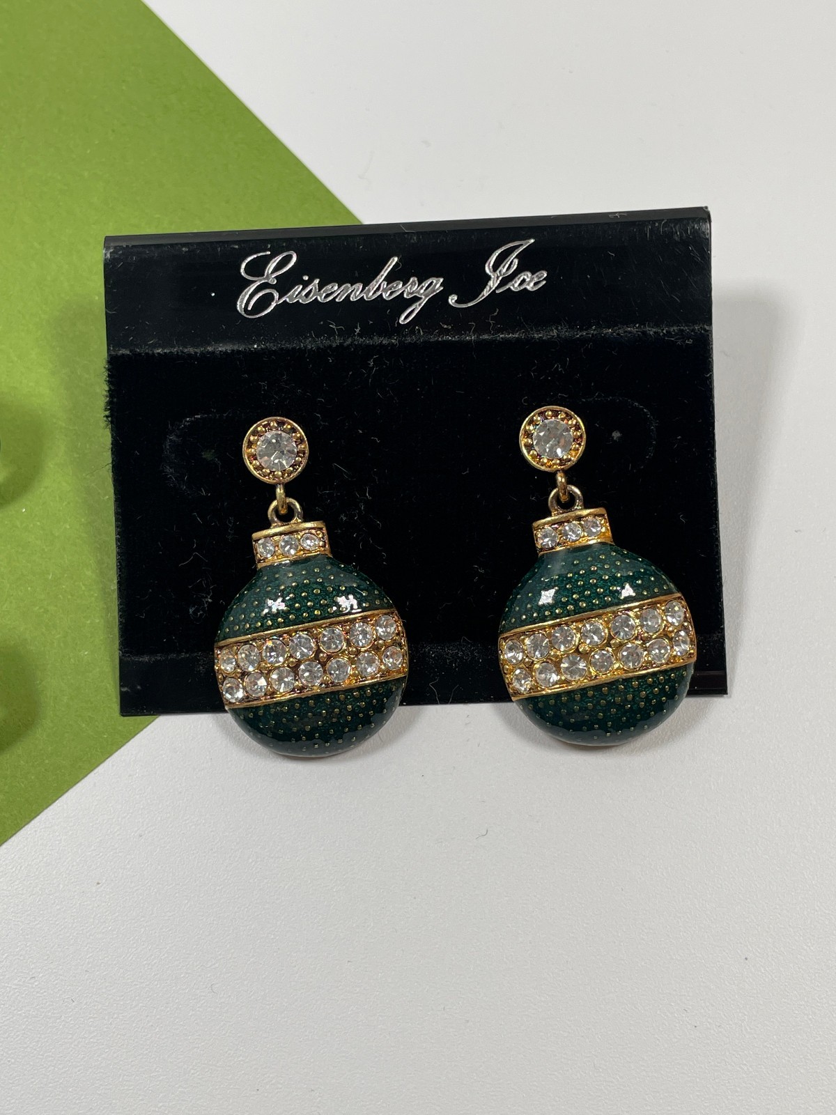 Vintage Signed Eisenberg Ice Green Enamel Christmas Ornament Dangle Earrings