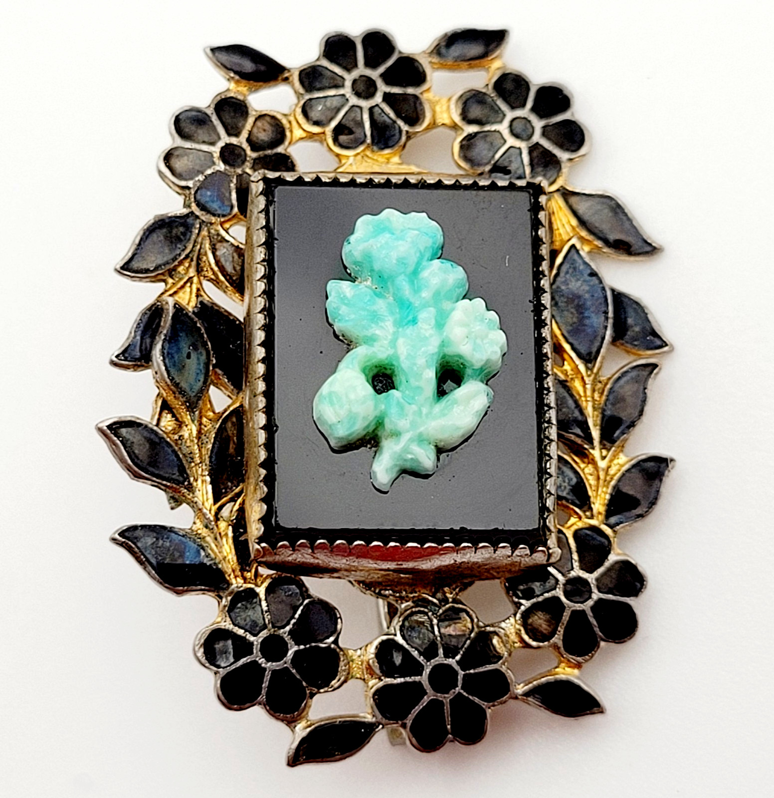 Nouveau Peking Glass Floral Victorian Mourning Brooch Style 1930s Vintage Brooch