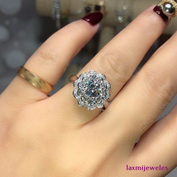 3Ct Round Cut Lab Created Diamond Vintage Ring Flower Halo 14K White Gold Finish