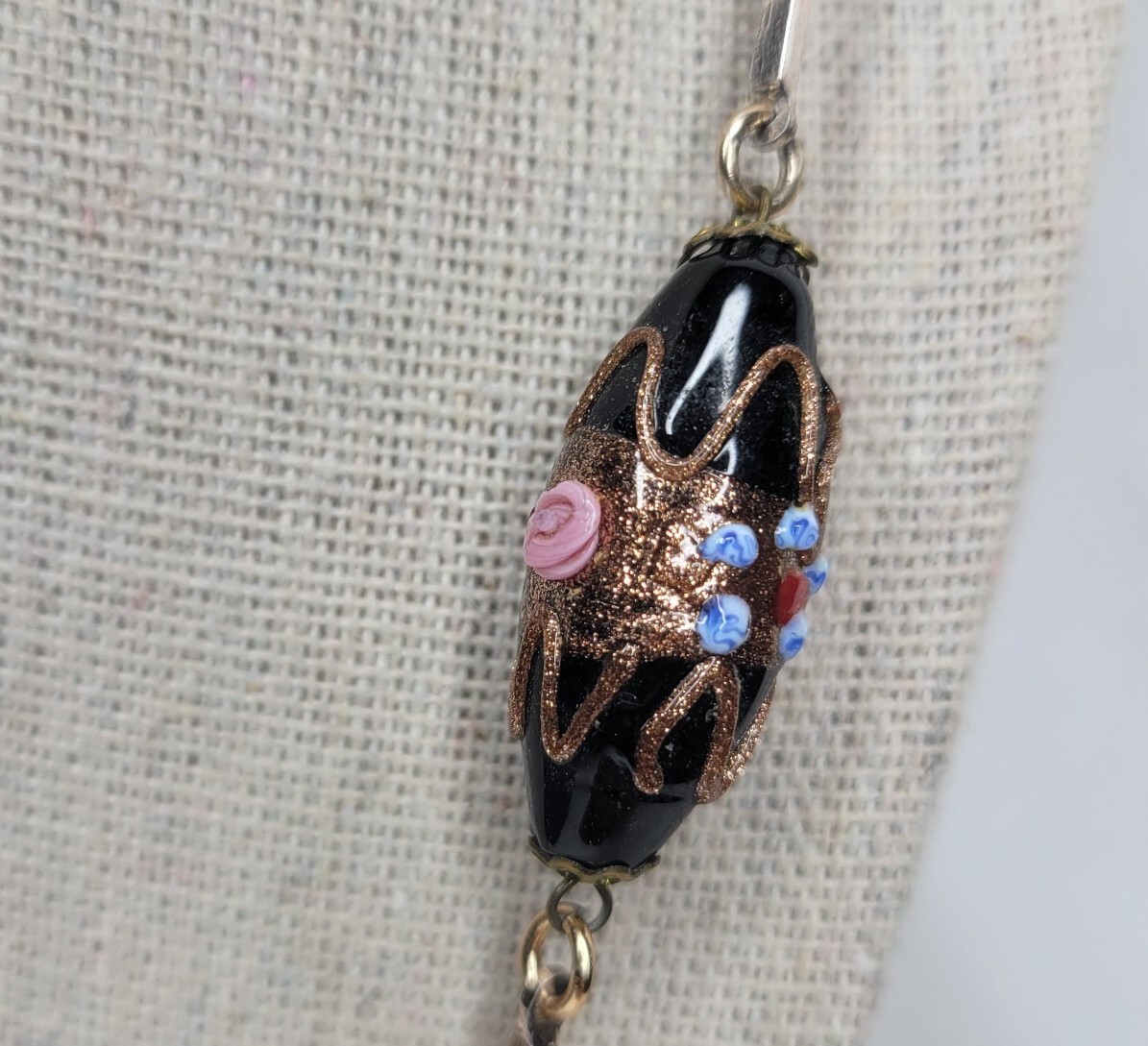 Vintage Venetian Glass Beaded Necklace Black Pink Blue Lampwork Beads Gold Tone