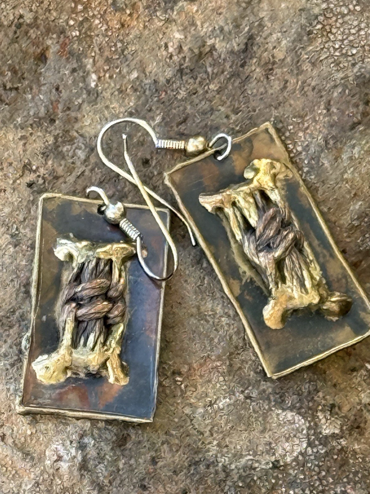 Vintage Art Studio Metal Brass Copper Brutalist Style Dangle Pierced Earrings