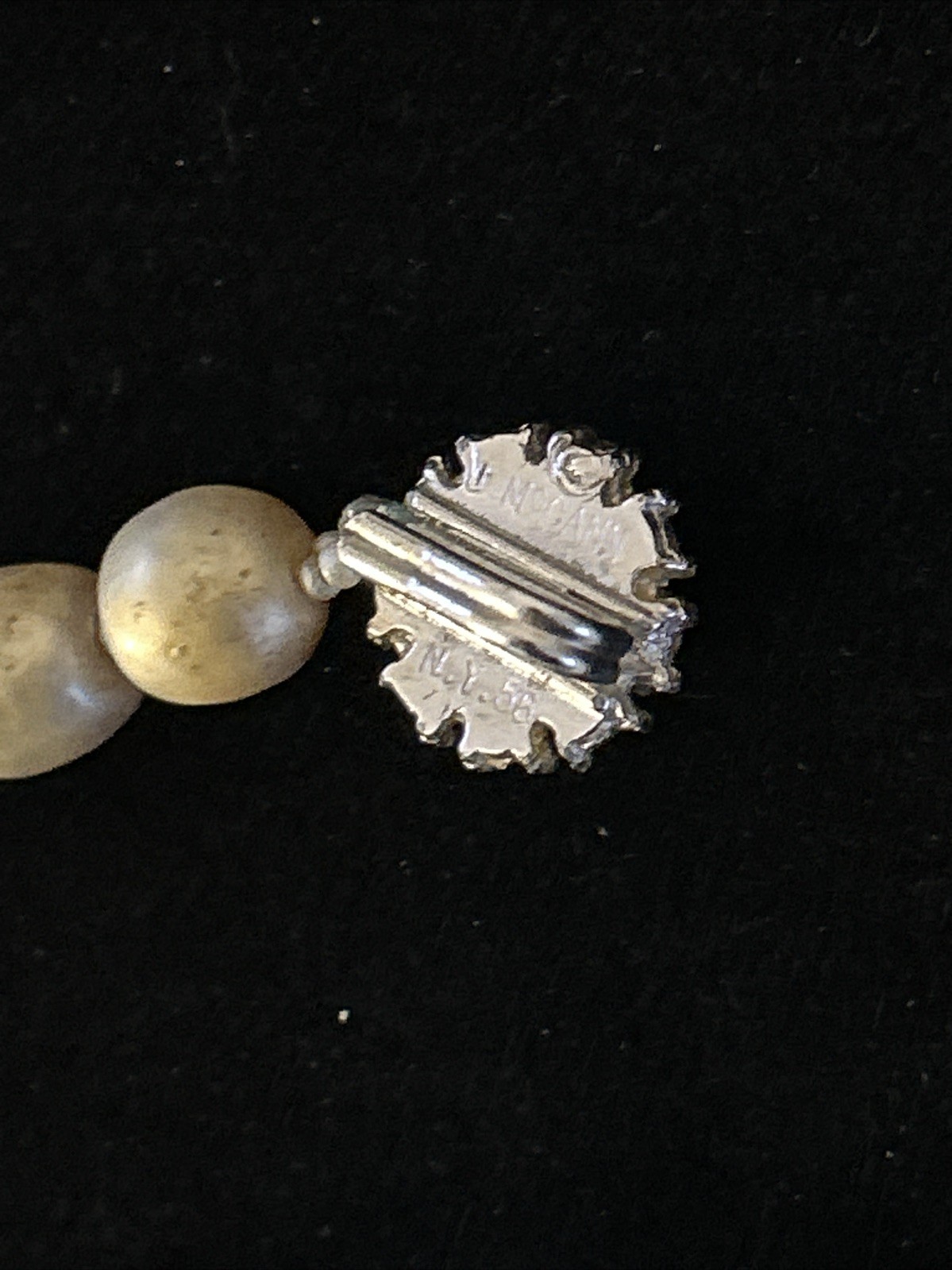 Judith McCann 40s Signed NY 58 Shuvon Pearl Necklace Dual-Hook Clasp CRYSTAL VTG