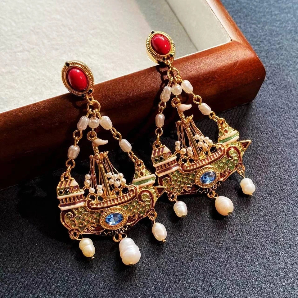Genuine Vintage Pearl Sailboat Dangle Earrings French Court Gold Enamel Luxury