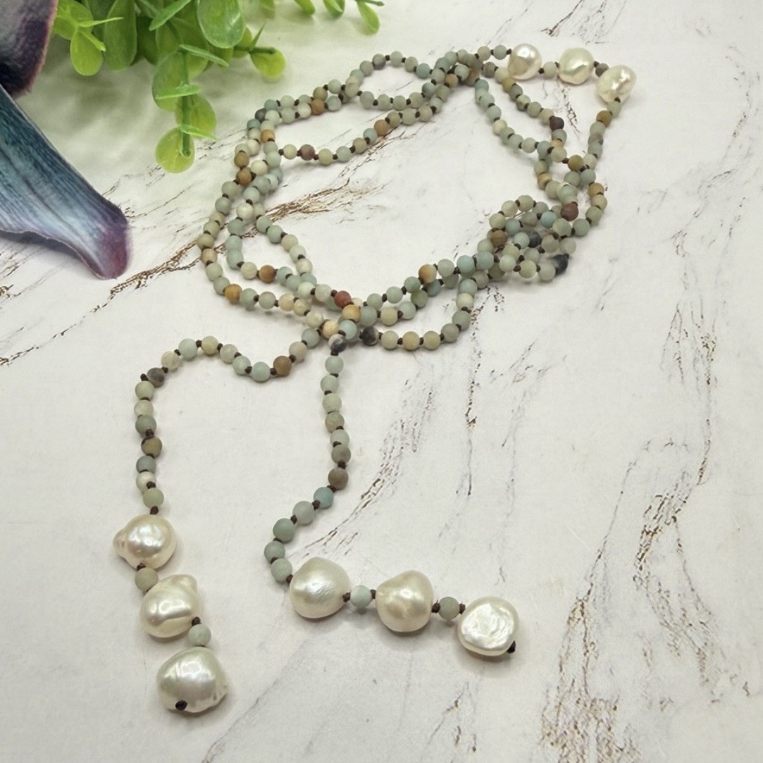 Amazonite Bead Natural Color Lariat Wrap Necklace Baroque Pearl Tassel Ends