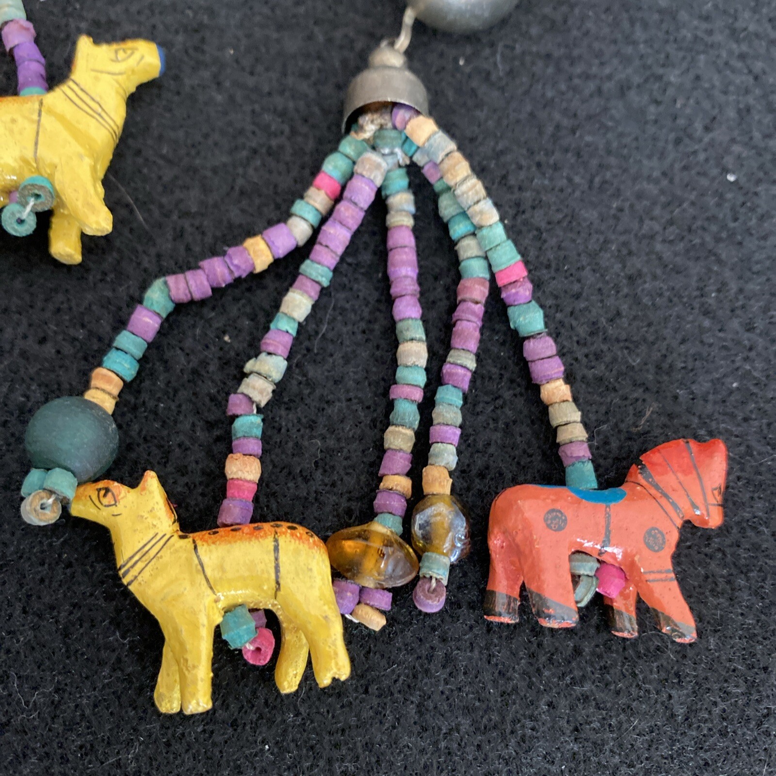 Vintage African Multi-Strand Wooden Carved Animal & Beads Necklace Earrings Set