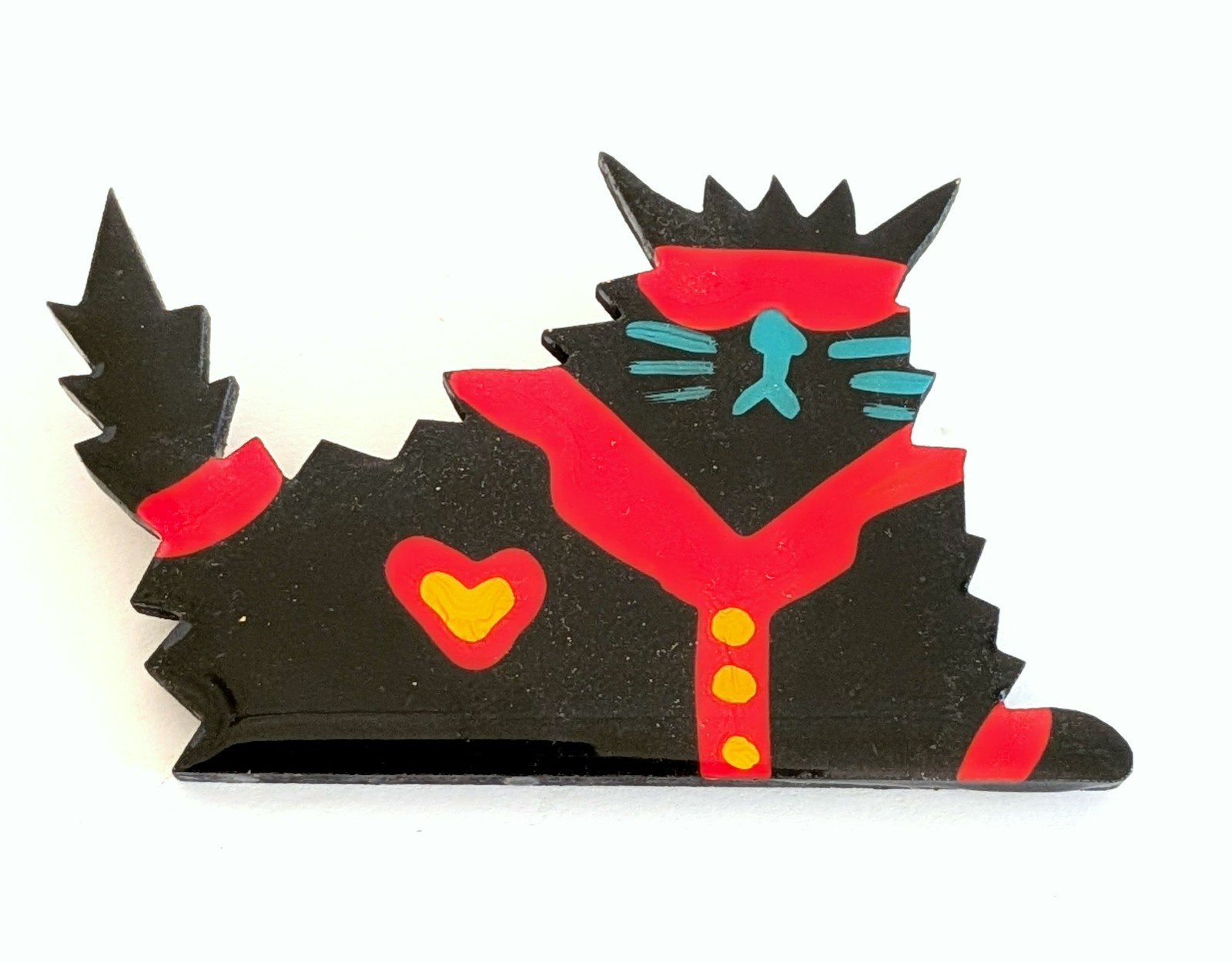 Modernist Wood Enamel Glossy “Cool” Cat Brooch Pin