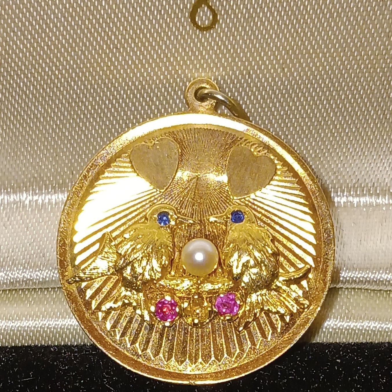 14k Vintage 1960s Gold Tone Round Love Birds Pendant, Engraved, Pearl, 2-14-66