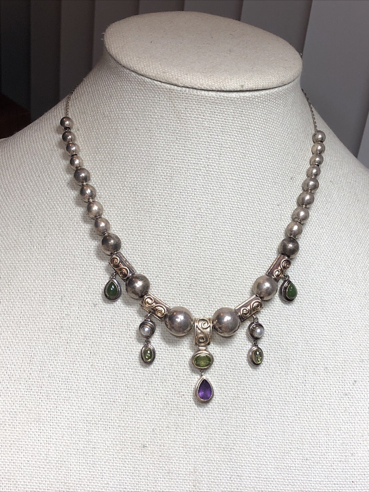 15. Vintage 925 Sterling Silver Ball charm Gemstone Beaded Sliding Necklace 17″