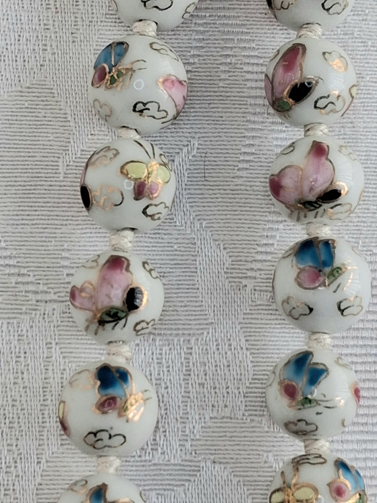 Vtg Cloisonne enamel Knotted butterfly design Gold Beads Wedding Necklace 24 in