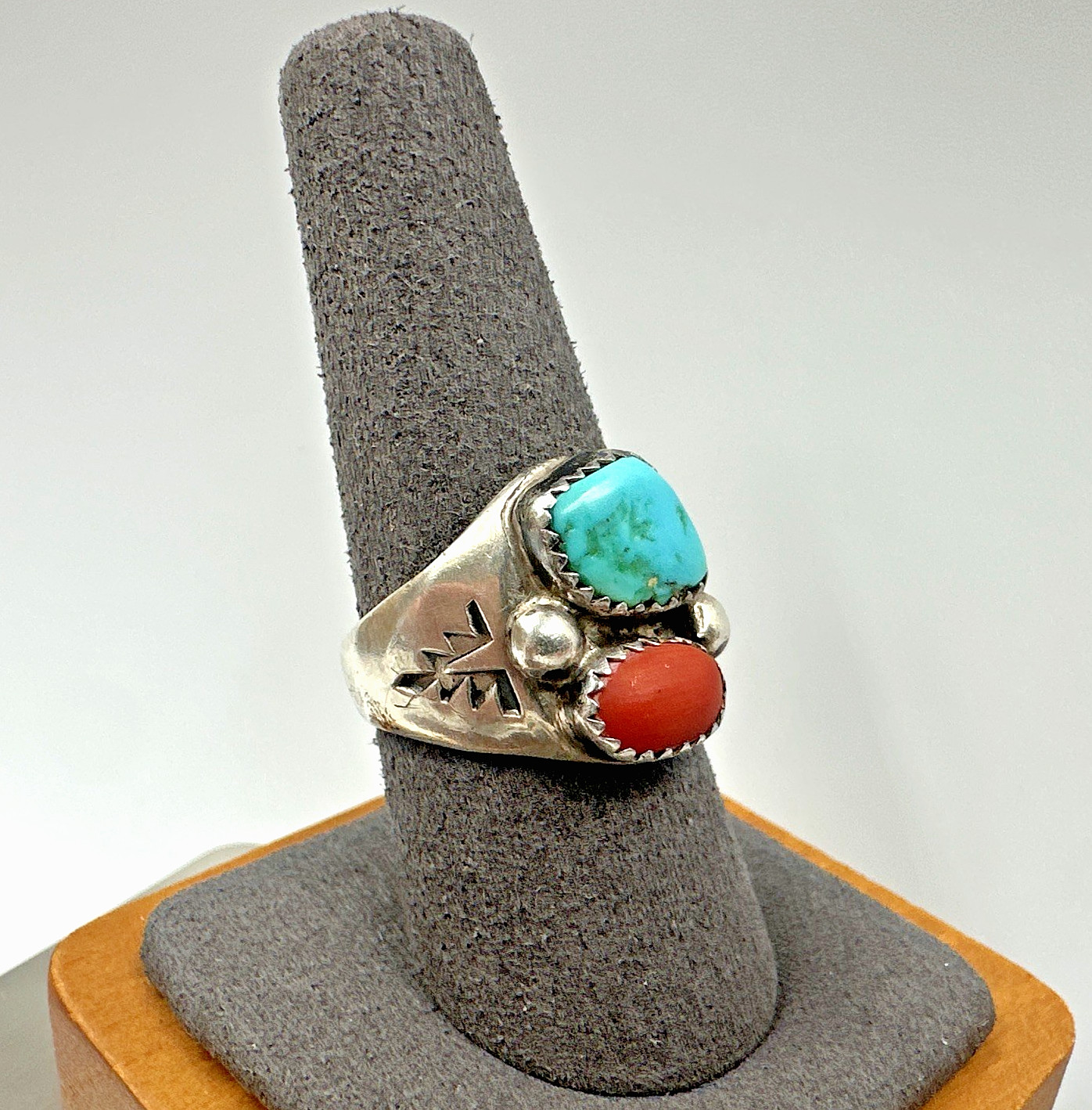 Vintage Sterling Turquoise Coral Unisex Ring Signed VL Vera Luna Size 8.5