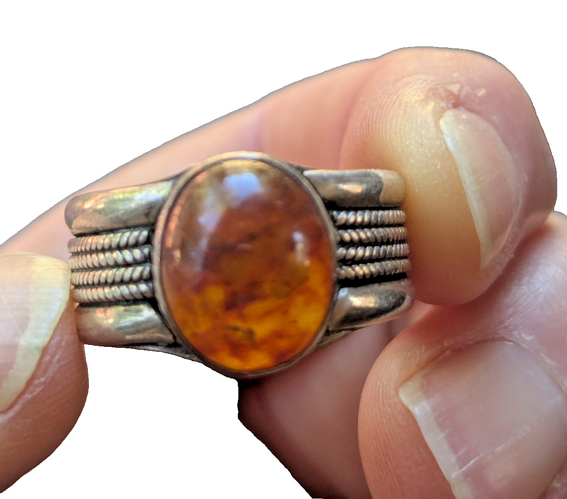 Vintage cognac baltic amber ring sterling silver wide band sz 9 Braid design