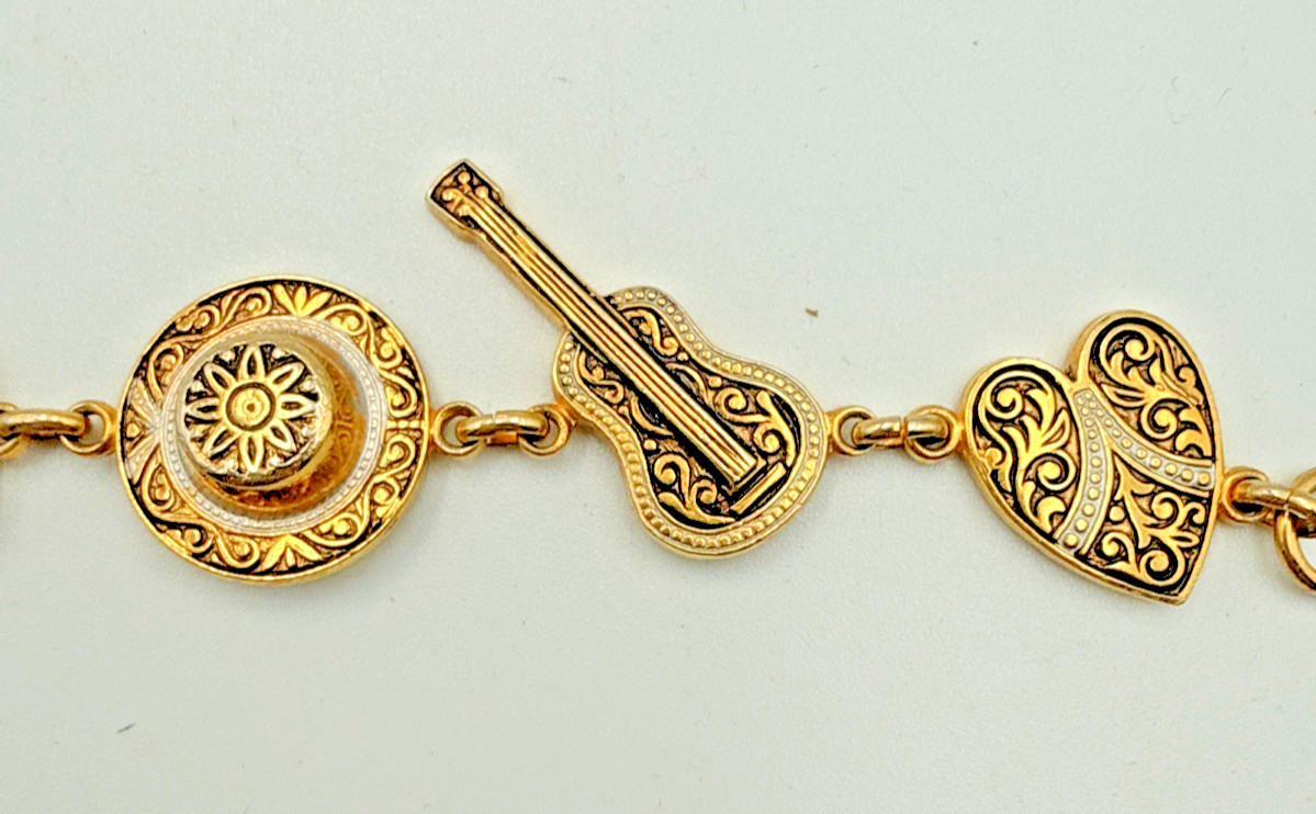 Vtg 1960s Mexican Mariachi Charm Bracelet – Faux Damascene Guitar Sombrero
