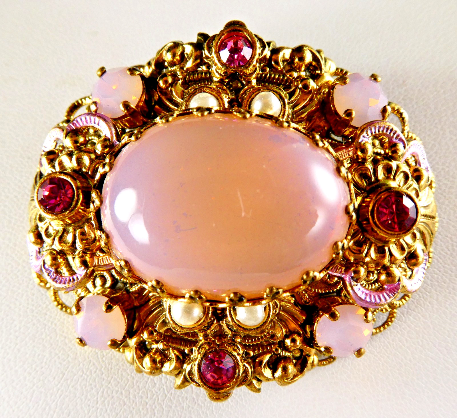 Vintage West Germany Opaline Pink Glass & Rhinestone Filigree Pin Brooch Oval