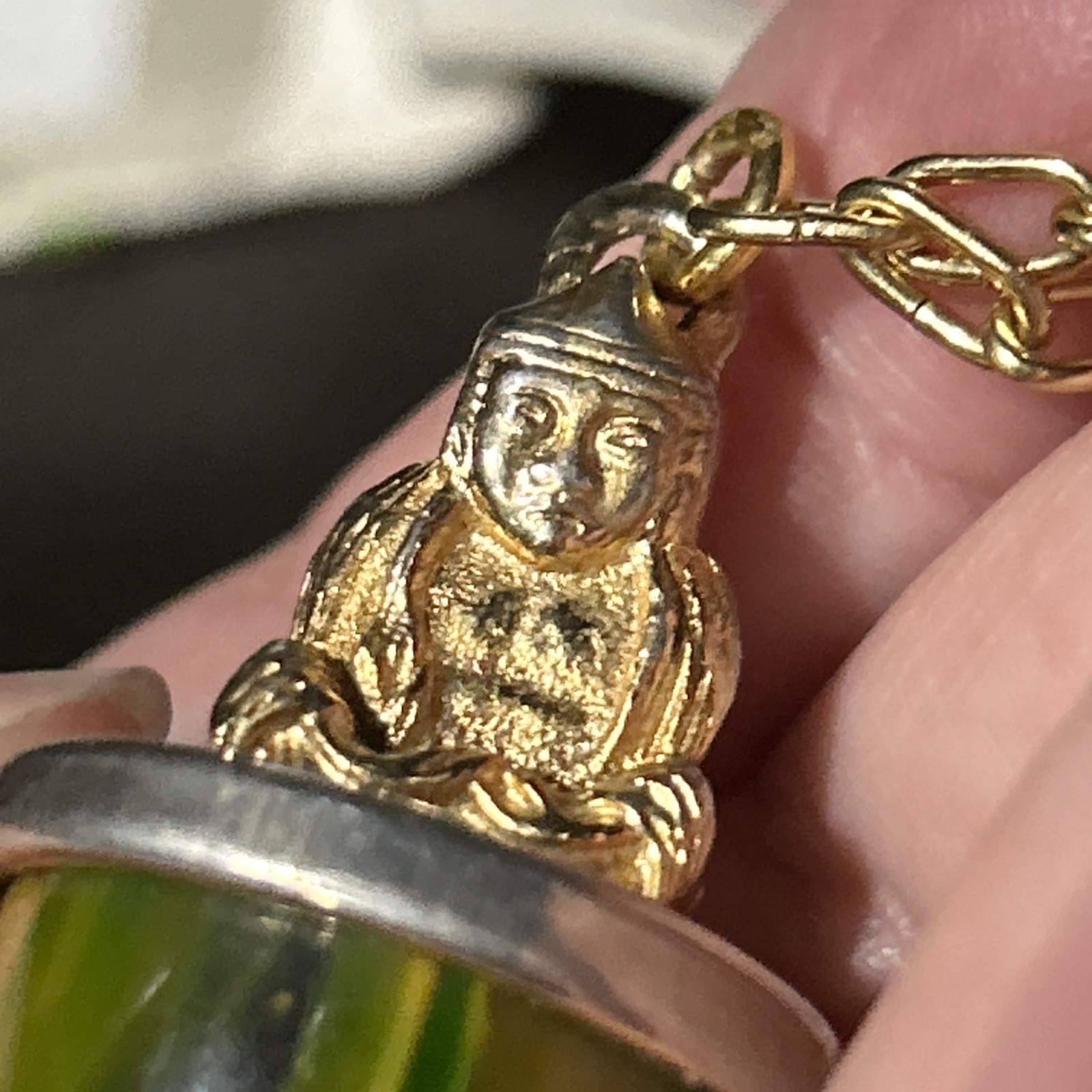 Vintage 30g Green Yellow Tested Bakelite Buddha Fob Pendant French 32” Necklace