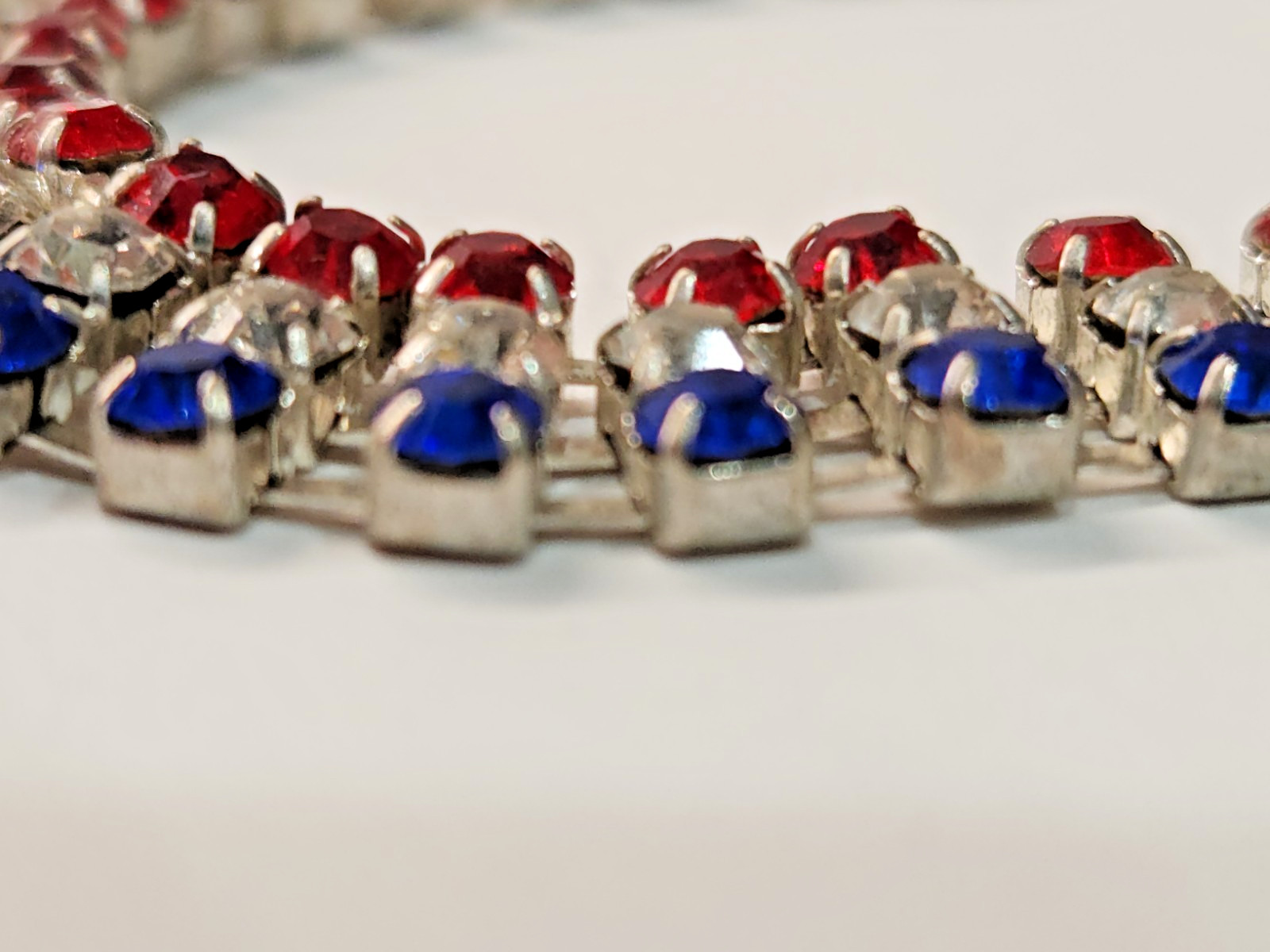 Vntg Red White Blue Prong Set Rhinestone Tennis Bracelet Patriotic 4th of July