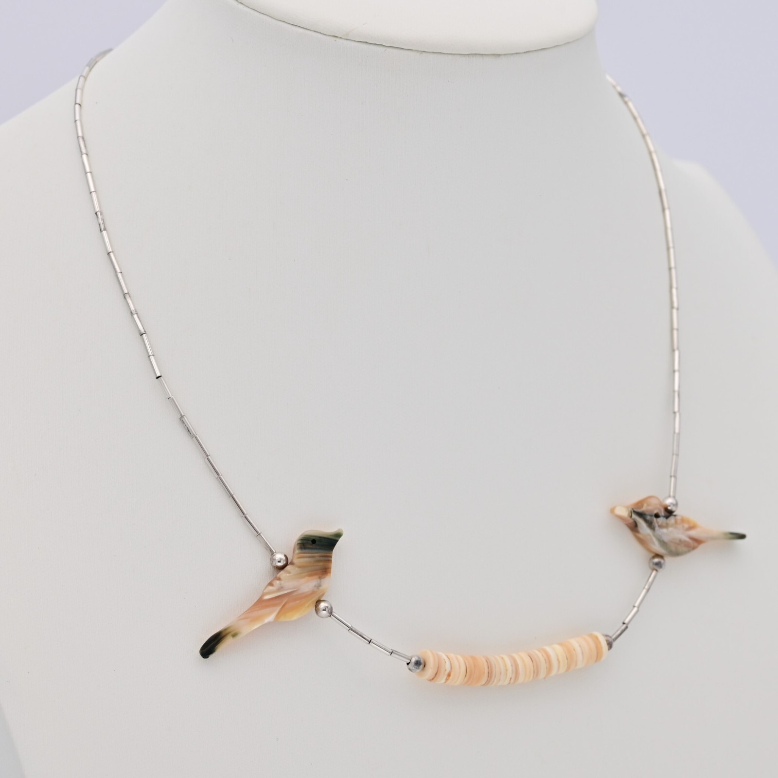 Vintage Original Native American Sterling Silver Mother of Pearl Bird Necklace