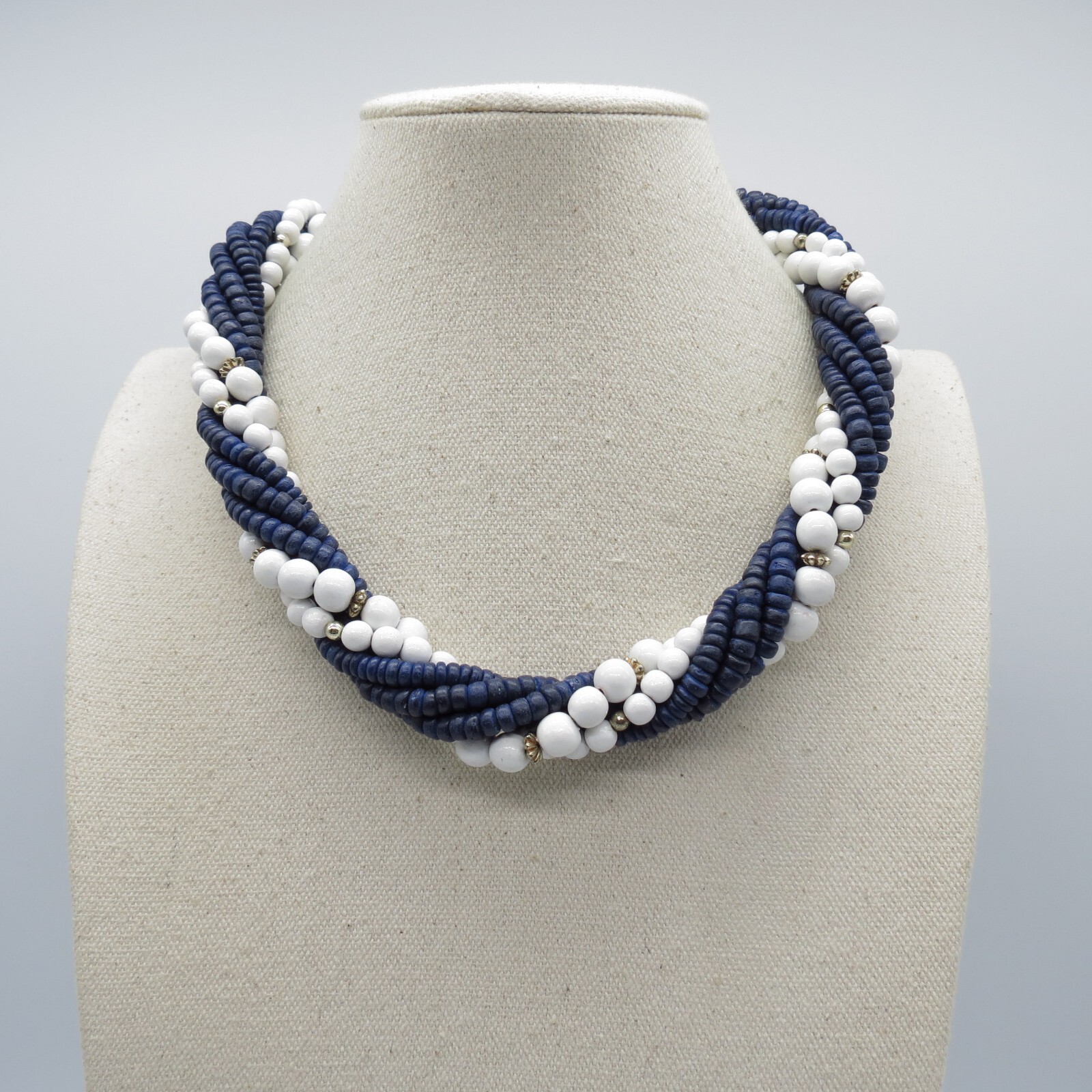 Blue White Bead Torsade Statement Necklace Boho Ethnic 19″