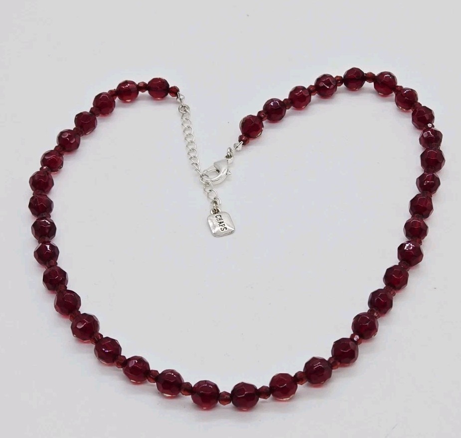 Chaps Necklace Red Faceted Beaded Silver tone Couture Vintage 21 in
