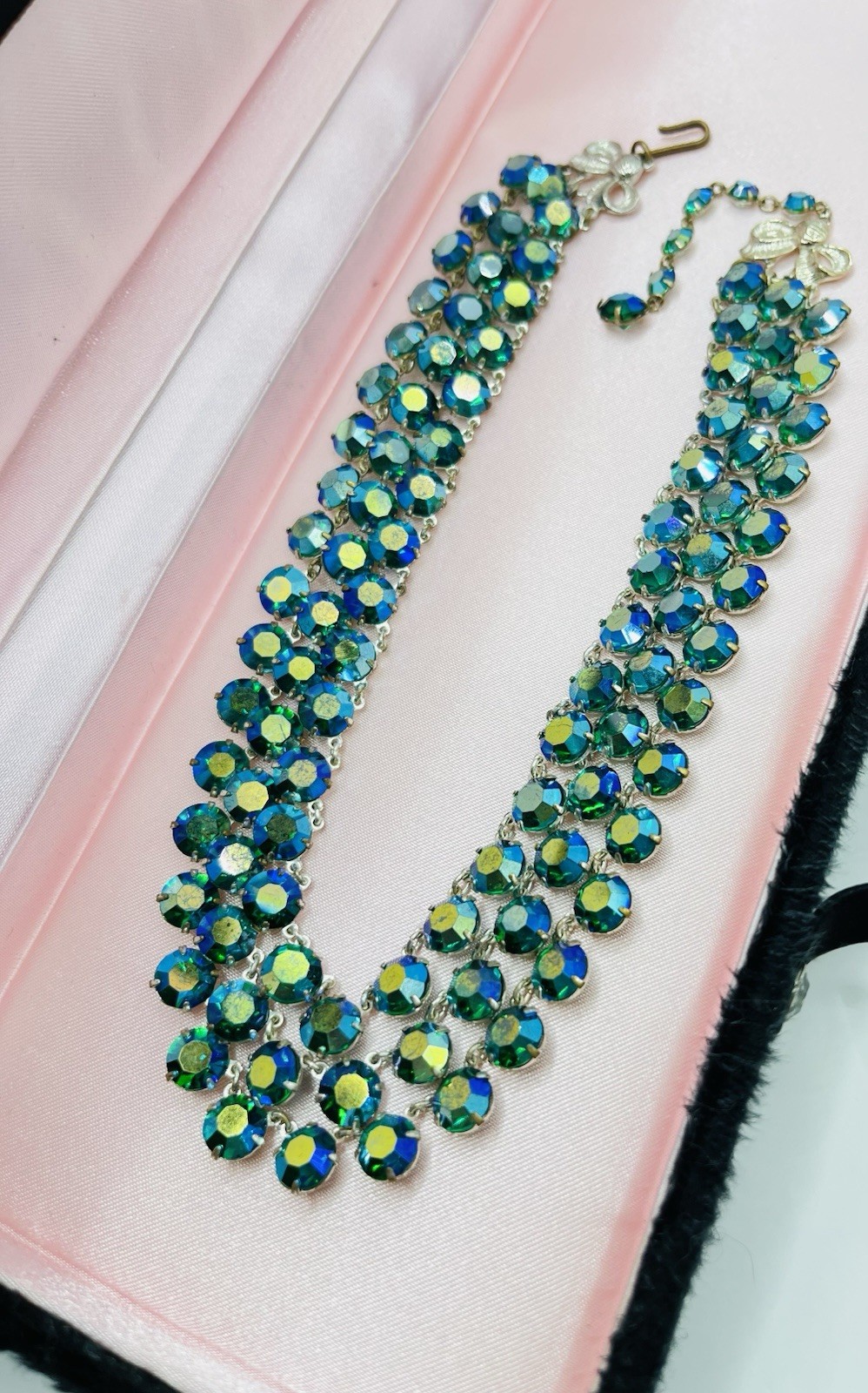 Vintage 3 Strand Peacock Green/Blue Aurora Borealis Crystal Necklace Not Signed