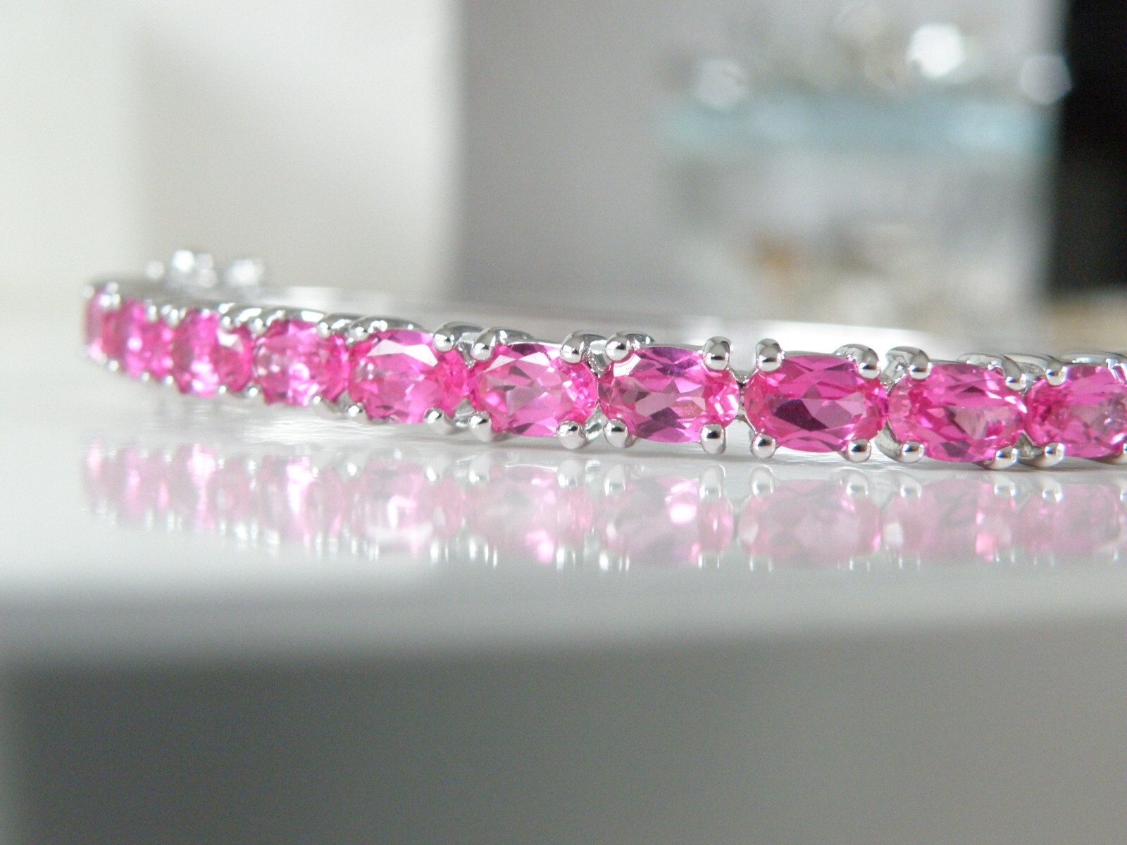 Vintage Sterling Silver 925 Lab Created Pink Sapphire Gemstone Bracelet 7.5″