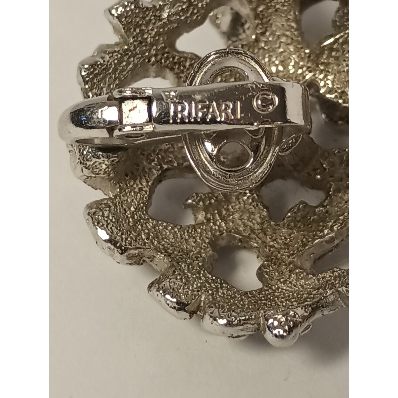 Vintage Crown Trifari ClipOn Earrings Textured Openwork Silver Tone Dome 50s,60s
