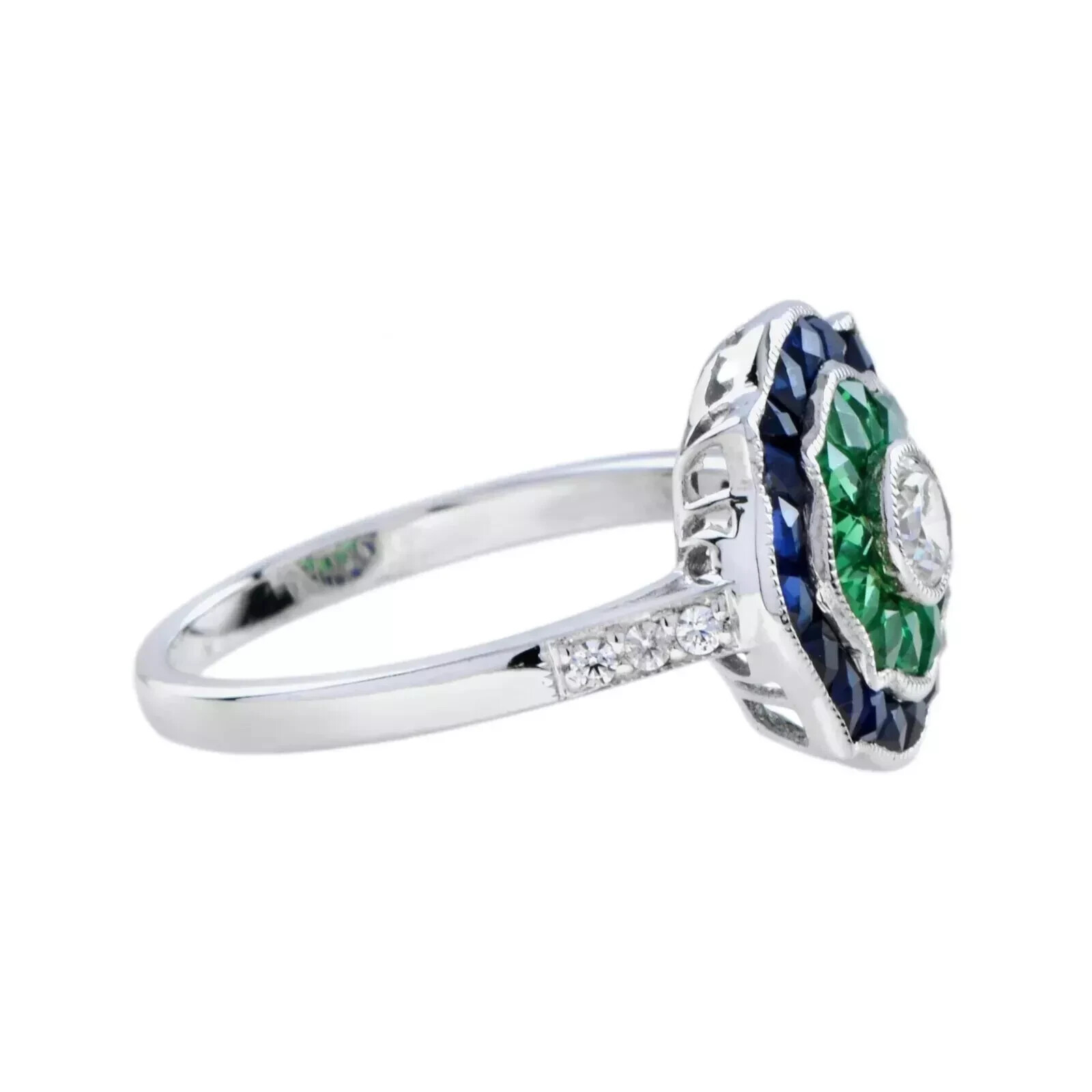 Art Deco Style Lab Created Diamond Emerald Sapphire Ring 14K White Gold Finish