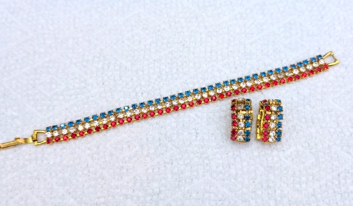 Vintage Red White & Blue Rhinestones Bracelet Clip On Earring Set 4th Of July