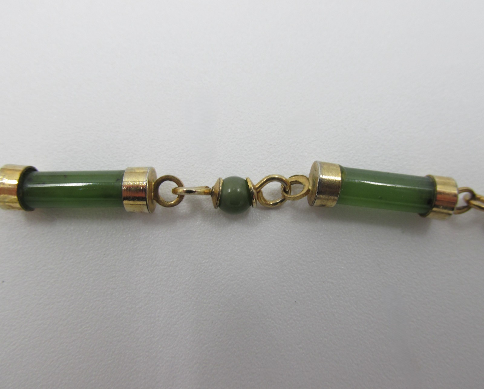Jade Chinese Export Bamboo Cylinder Station Necklace Gold Plated 36″ Vintage