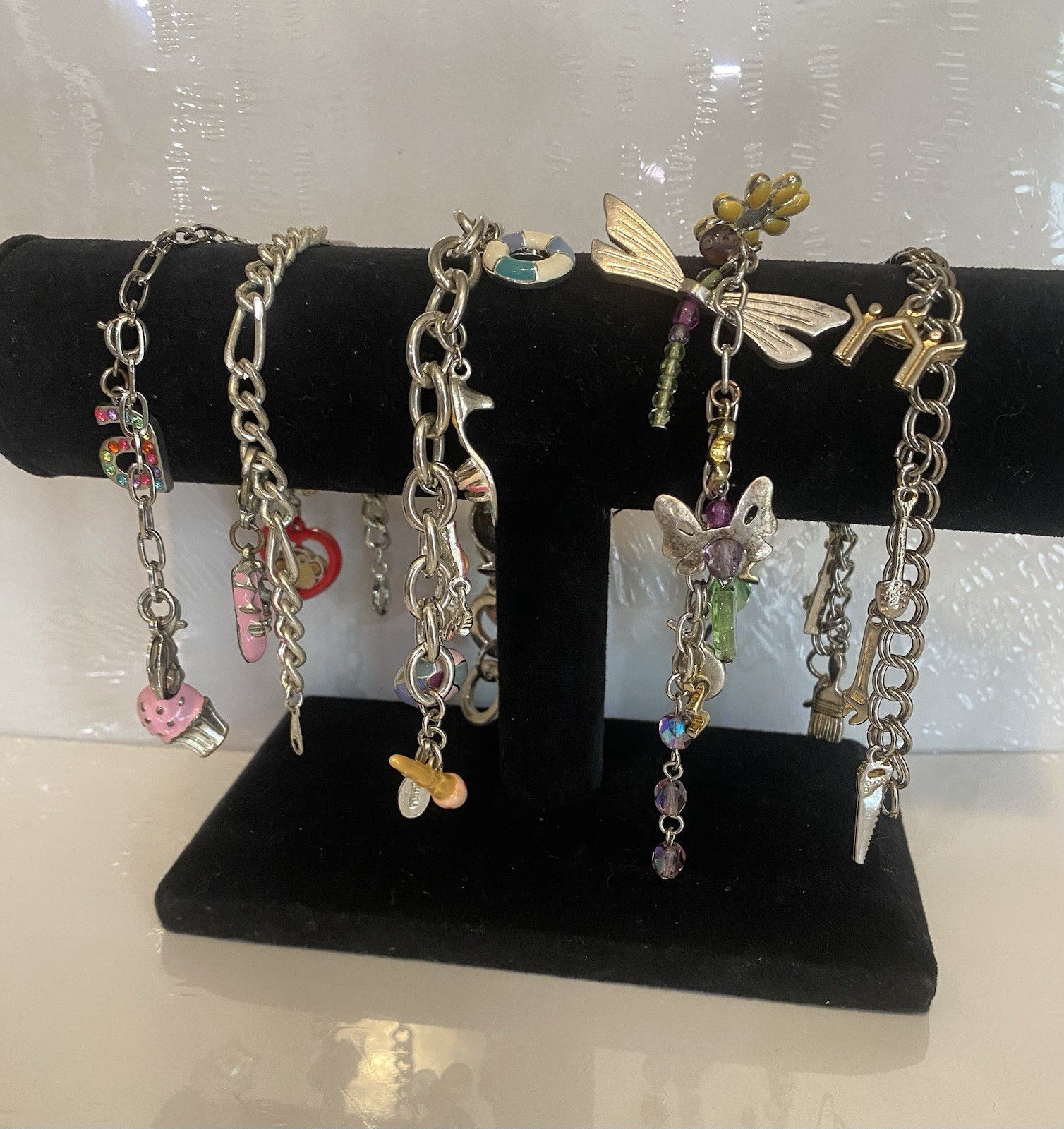 Vintage Charm Bracelets 5pc Layered Collection Silver Tone Chains 100+ grams