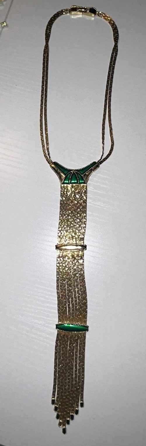 Vintage 1865 Signed Egyptian Revival Green Enamel Fringe Tassel Necklace 60s 64g