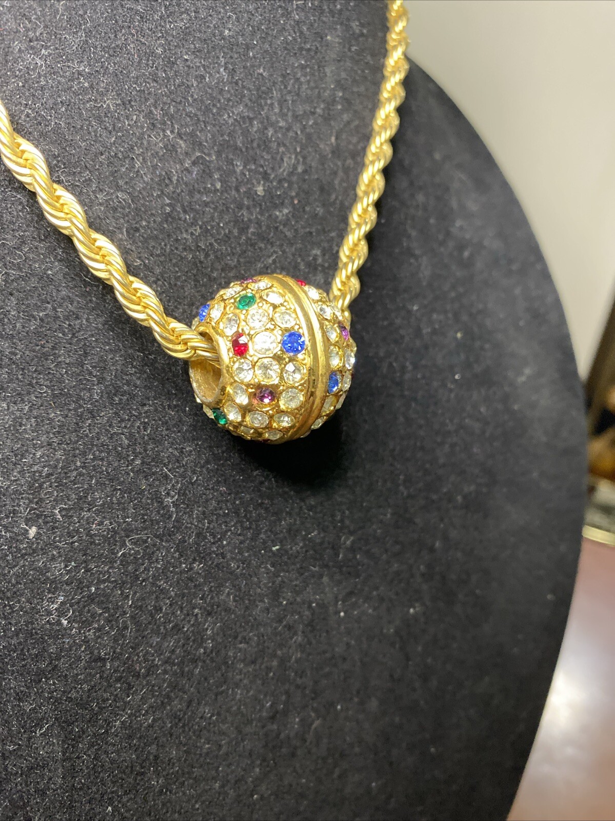 Vintage Big Gold Tone Crystal Rhinestone Ball Slide Rope Chain Necklace 28”