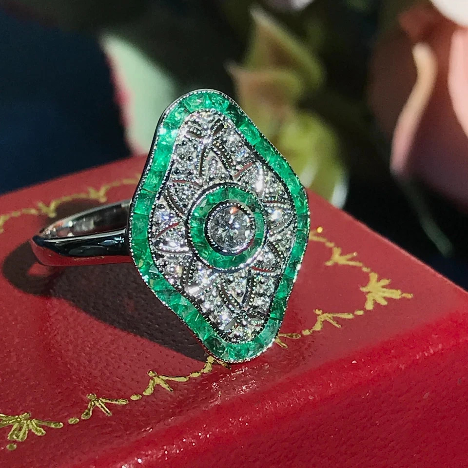 Art Deco Style Lab Created Diamond & Emerald Engagement 14K White Gold FN Ring