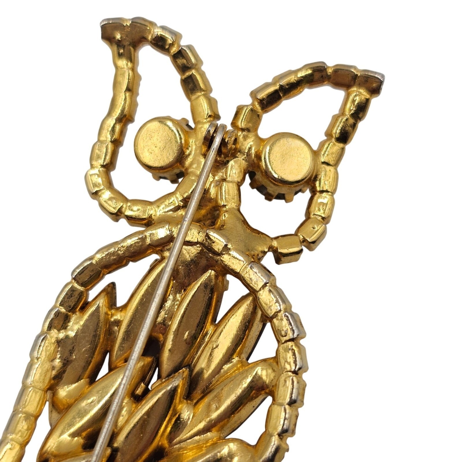 Vtg Rhinestone Owl Brooch Gold Tone Aurora Borealis Figural 2.5″ Pin Woodland