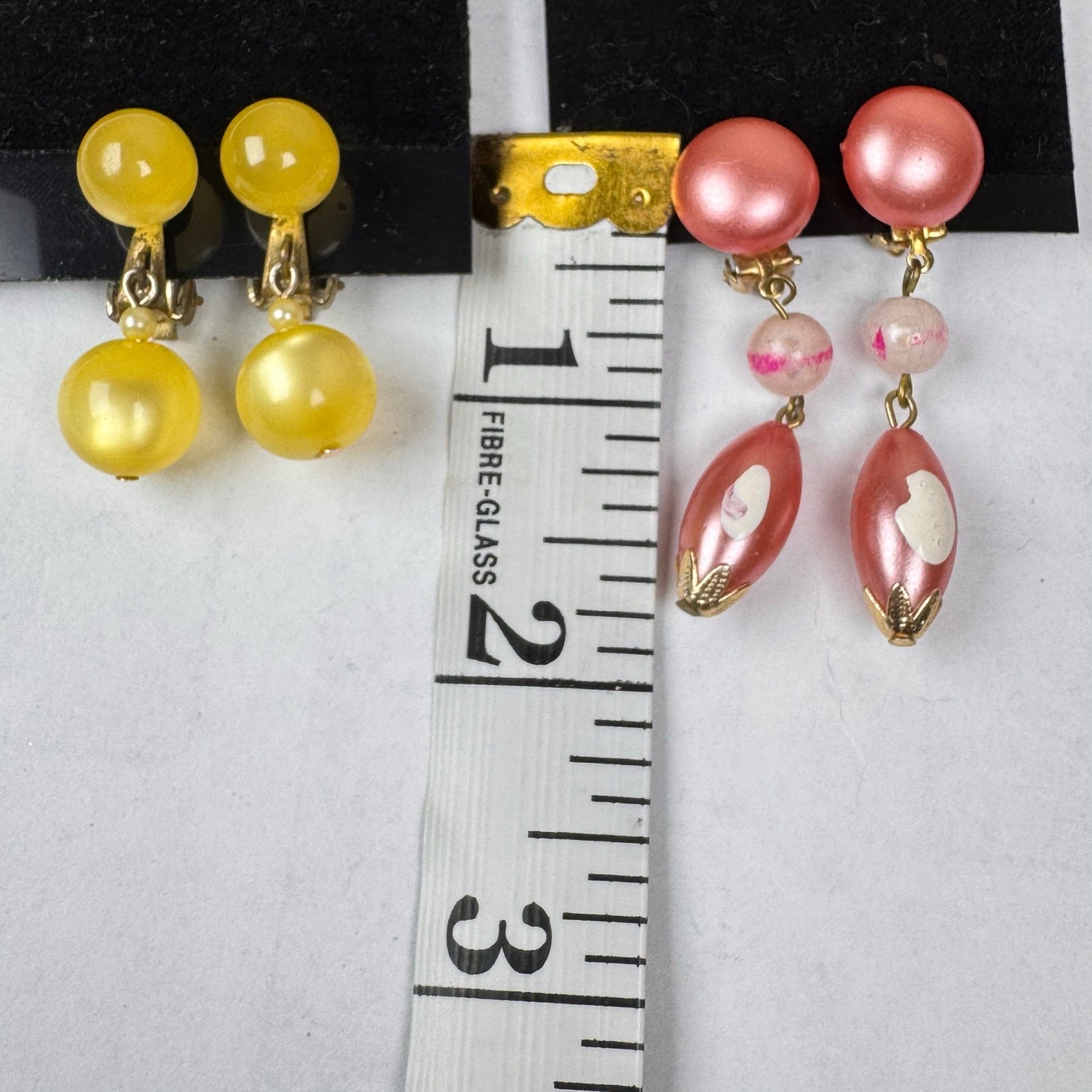 VTG Lucite Clip On Earrings Drop Dangle Hong Kong Japan Yellow Pink *set of 2*