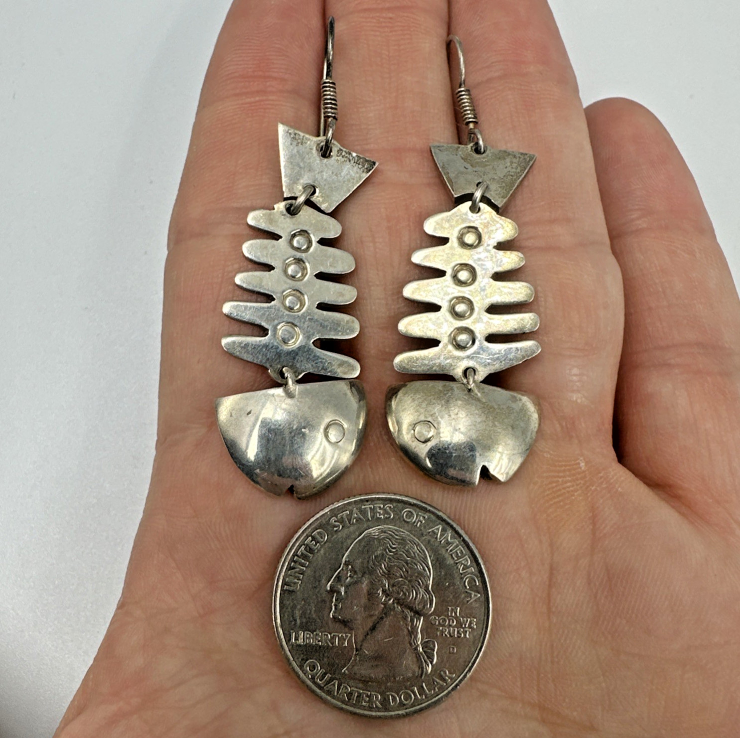 Vtg Taxco Sterling Silver Articulated Skeleton Bone Fish Dangle Earrings 15.9g