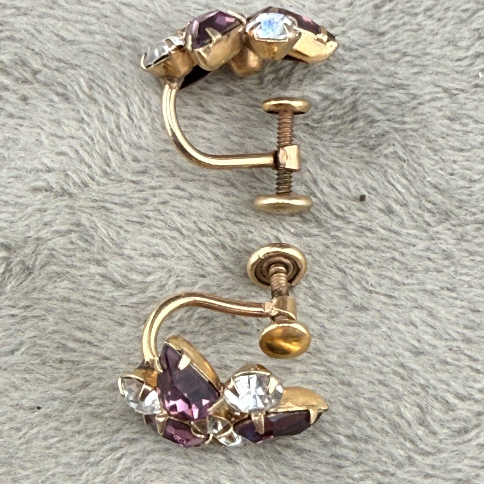 Vintage Gold Filled Screw Back Earrings Purple Rhinestone Signed Phyllis